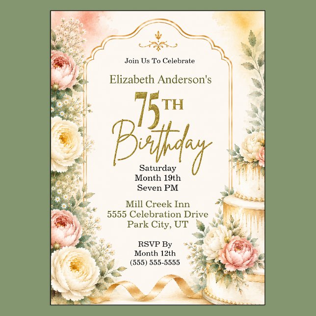 Beautiful Peony 75th Birthday Party Invitation (Beautiful Peony Flower 75th Birthday Invitation For Women.)