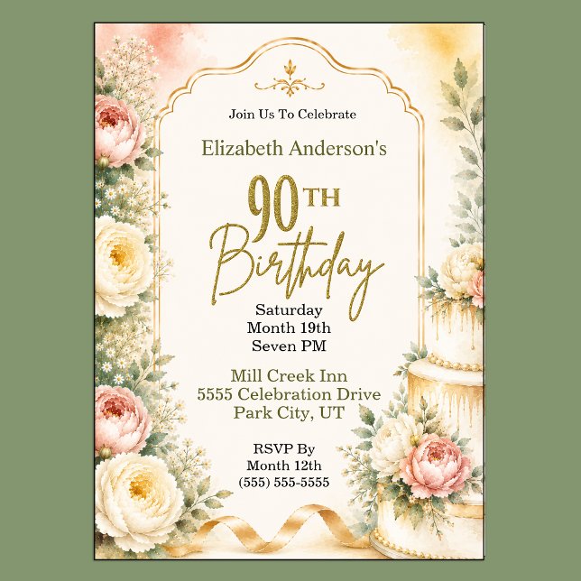 Beautiful Peony 90th Birthday Party Invitation (Beautiful Peony Flower 90th Birthday Invitation For Women.)