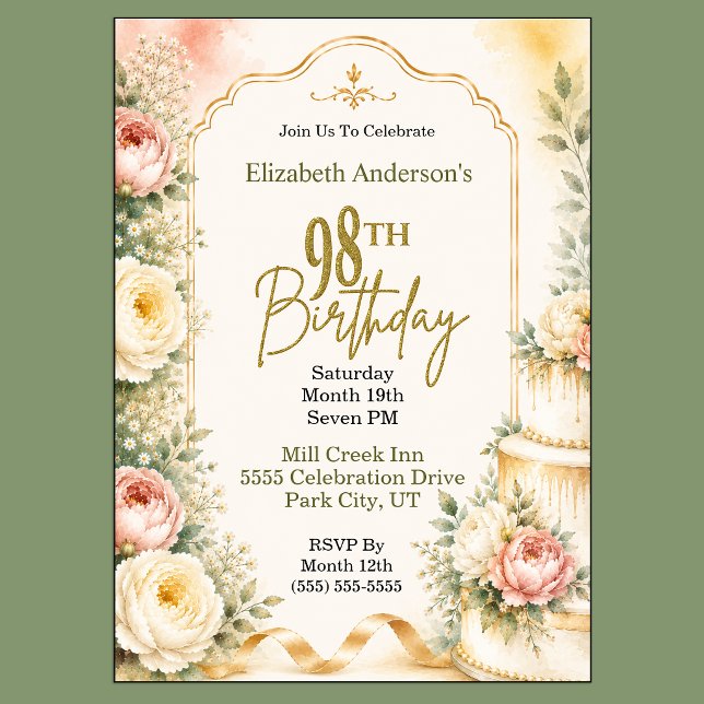 Beautiful Peony 98th Birthday Party Invitation (Beautiful Peony Flower 98th Birthday Invitation For Women.)