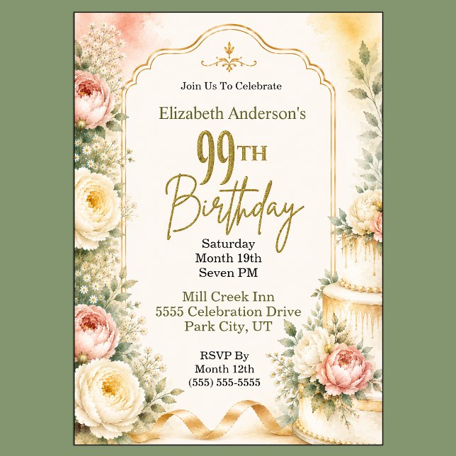Beautiful Peony 99th Birthday Party Invitation (Beautiful Peony Flower 99th Birthday Invitation For Women.)