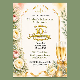 Beautiful Peony Champagne 10th Anniversary Party Invitation
