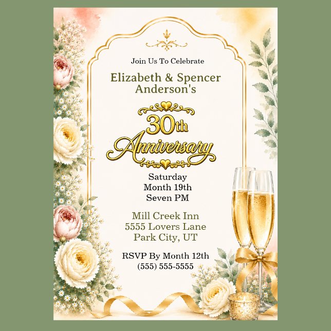 Beautiful Peony Champagne 30th Anniversary Party Invitation (Beautiful Peony Flowers and Champagne 30th Anniversary Party Invitation.)