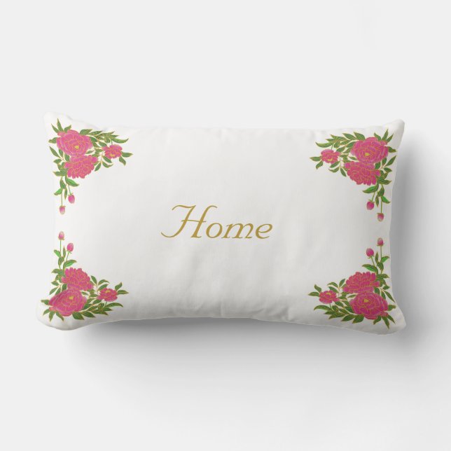 Beautiful peony flowers on white lumbar cushion (Front)