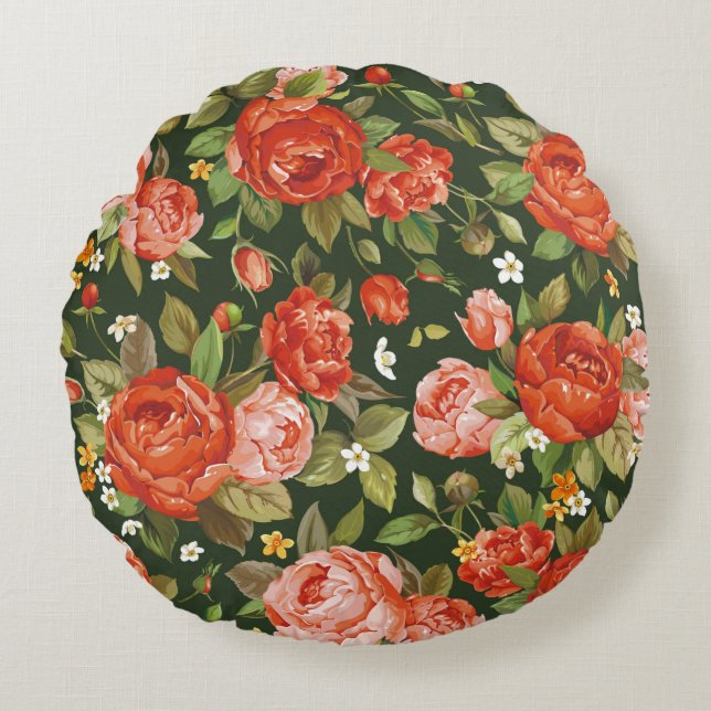 Beautiful peony flowers seamless pattern round cushion (Front)