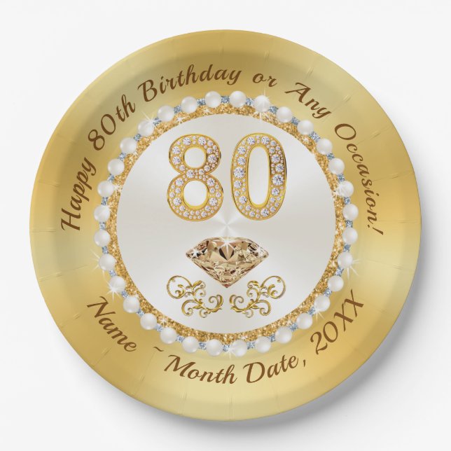 Beautiful Personalised, 80th Birthday Party Plates (Front)