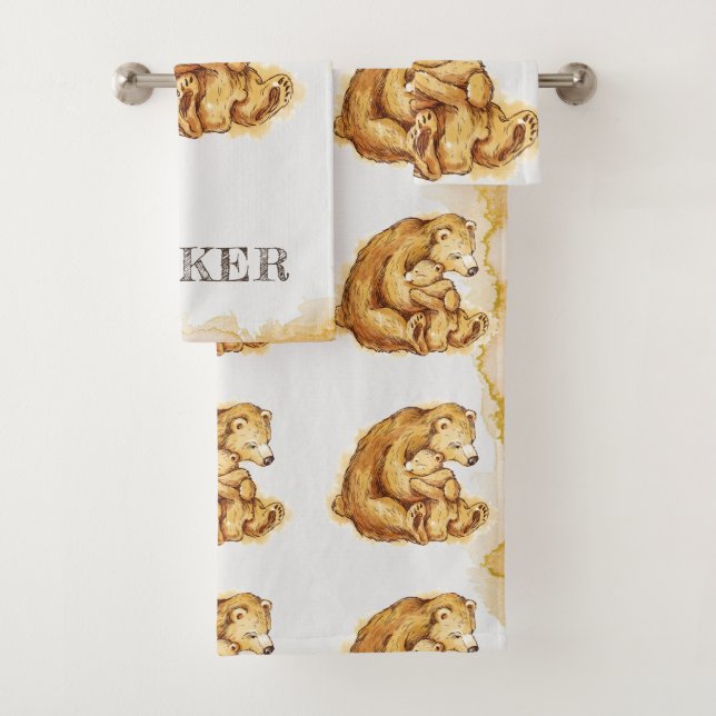 Beautiful Personalised Bear watercolor Bath Towel Set (Insitu)
