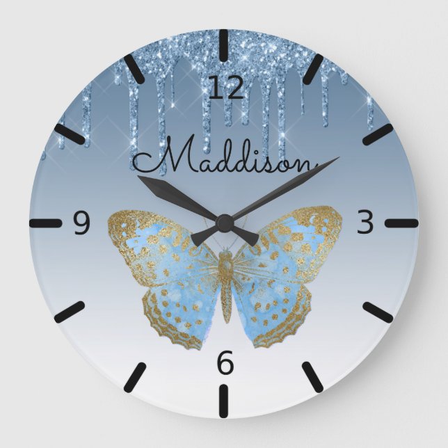 Beautiful Personalised Blue Butterfly Large Clock (Front)