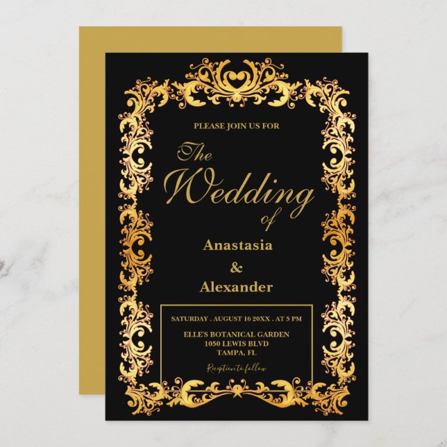 Beautiful Personalised  Gold Frame Wedding Invitation (Front/Back)