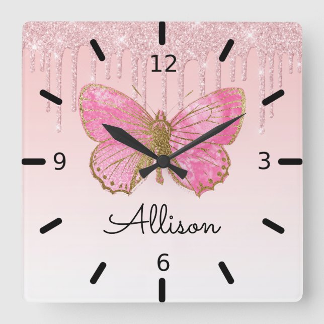 Beautiful Personalised Pink Butterfly Square Wall Clock (Front)