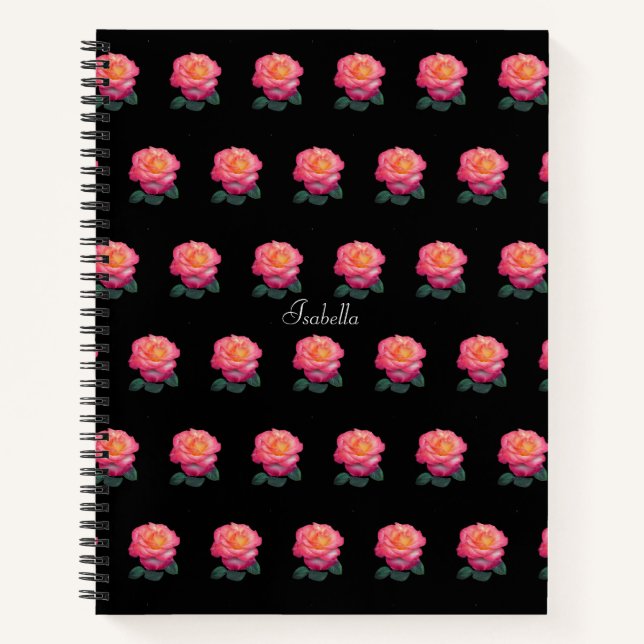 Beautiful Personalised Pink Rose Pattern on Black Notebook (Front)