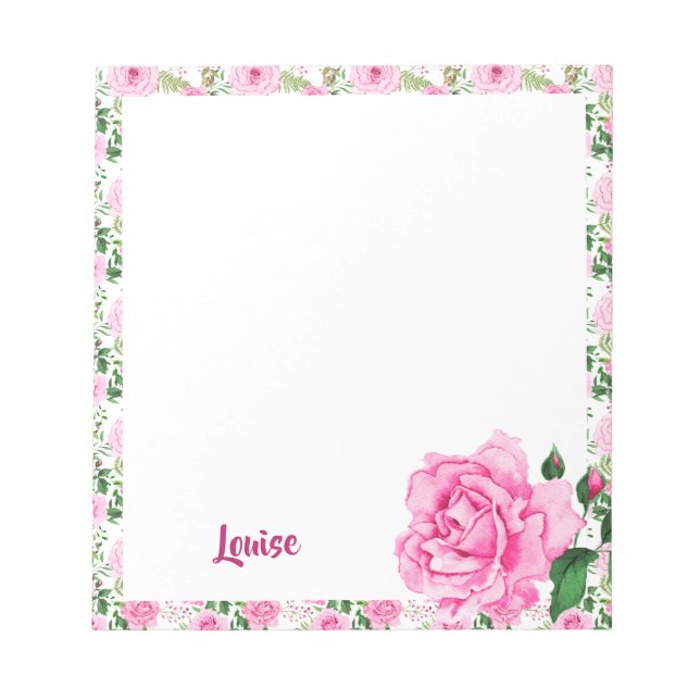 Beautiful Personalised  Pink Watercolor Roses Notepad (Front)