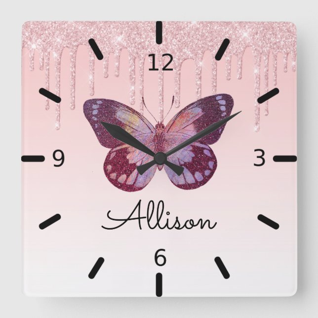 Beautiful Personalised Purple Butterfly Square Wall Clock (Front)