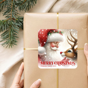 Beautiful Personalized Santa and Rudolph Holiday   Square Sticker