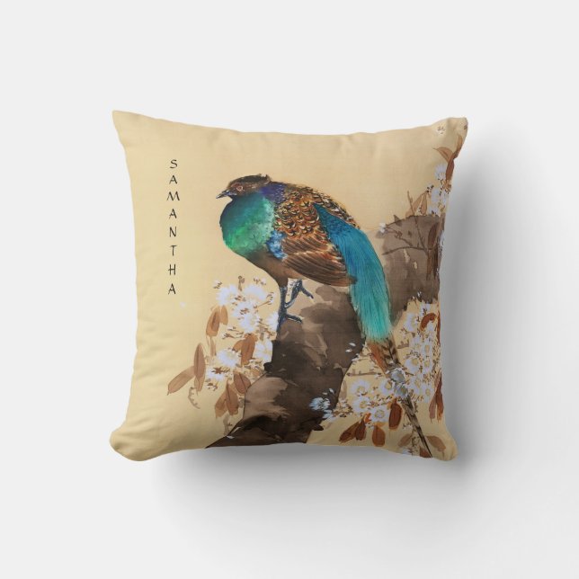 Beautiful Pheasant Blooming Tree Vintage Japanese Cushion (Front)