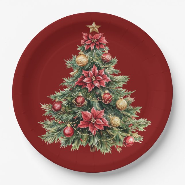 Beautiful Pine Tree Red Christmas  Paper Plate (Front)