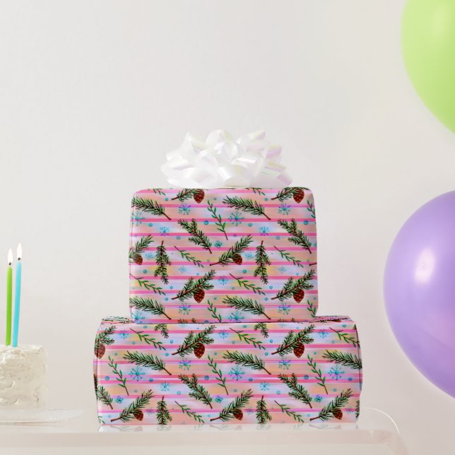 Beautiful Pine Twigs Pink Christmas Wrapping Paper (Party Gifts)
