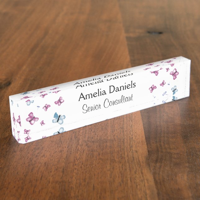 Beautiful Pink and Blue Butterfly Monogram Nameplate (Side)