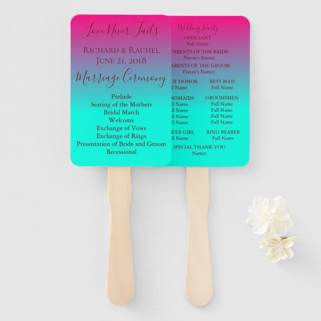 Beautiful Pink and Blue Ombre Wedding Program Hand Fan (Front and Back)