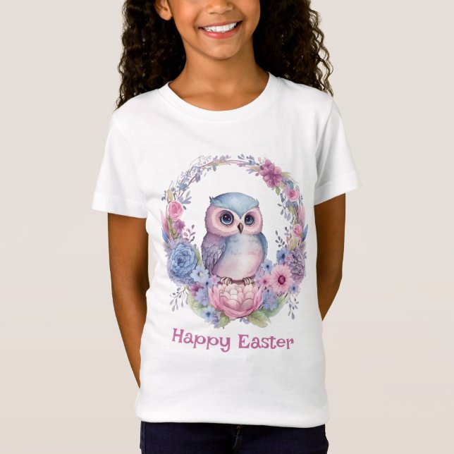 Beautiful Pink and Blue Owl In A Wreath Easter T-Shirt (Front)