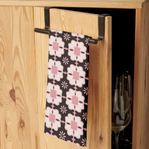 Beautiful Pink and Dark Brown Floral Tile Pattern Tea Towel
