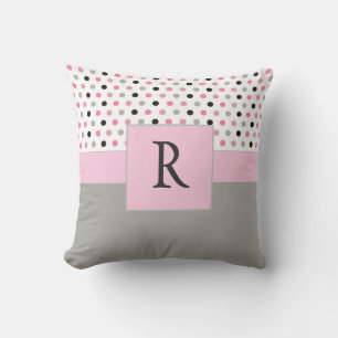 Beautiful Pink and Gray Monogram Polkadots Cushion