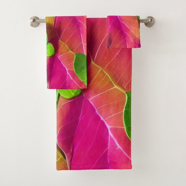 Beautiful Pink and Green Leafy Pattern  Bath Towel Set (Insitu)