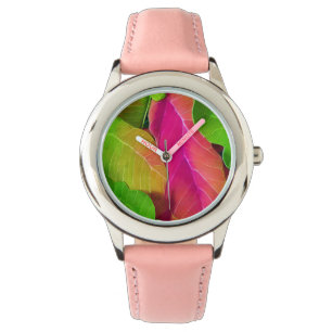 Beautiful Pink and Green Leafy Pattern Watch