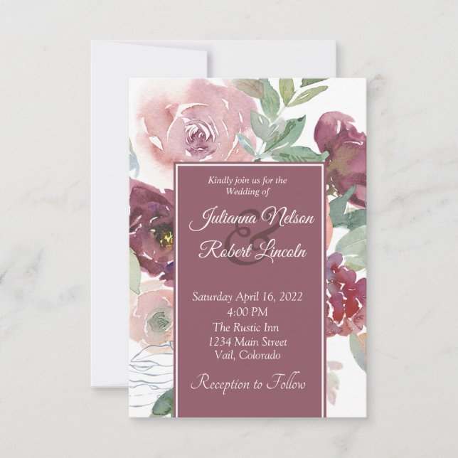 Beautiful Pink and Mauve watercolor floral Wedding Invitation (Front)