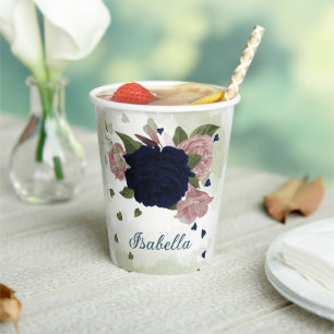 beautiful pink and navy blue flowers paper cups