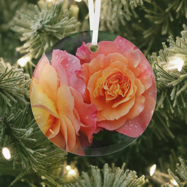 Beautiful pink and orannge rose photo glass tree decoration (Insitu)