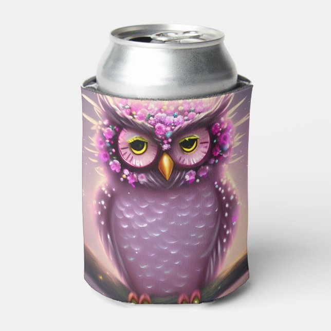 Beautiful Pink and Purple Fantasy Owl  Can Cooler (Can Front)