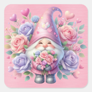 Beautiful Pink and Purple Gnome Among Roses Square Sticker
