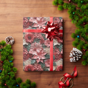 Beautiful Pink and Red 3D Poinsettias Wrapping Paper