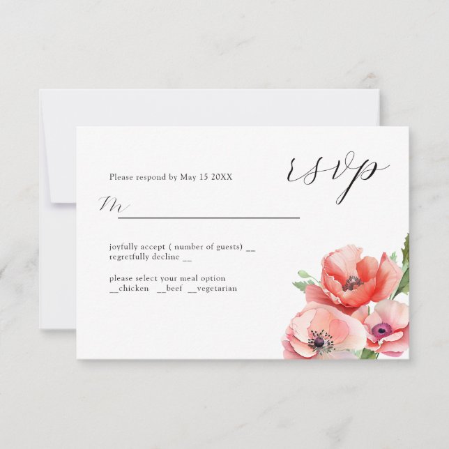 Beautiful pink and red poppy flower design RSVP card (Front)