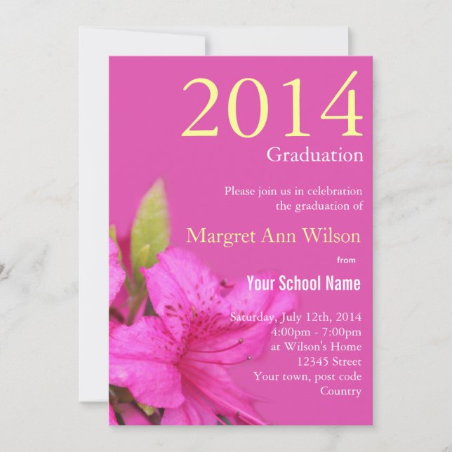Beautiful pink azalea flower graduation invitation (Front)