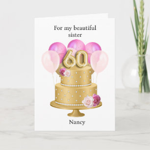 Beautiful Pink Balloons Gold 60th Birthday Cake Card