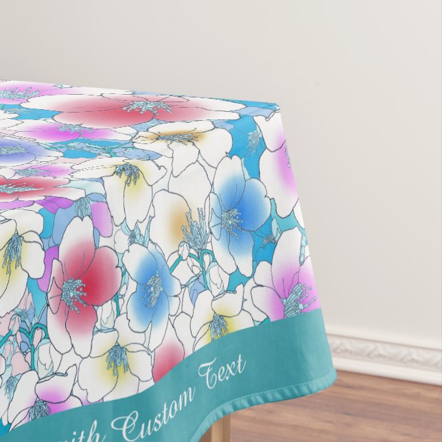 Beautiful Pink Blue Floral Artwork Personalised Tablecloth (In Situ)
