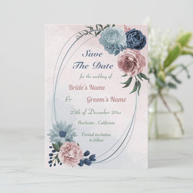 beautiful pink blue floral geometric save the date (Standing Front)