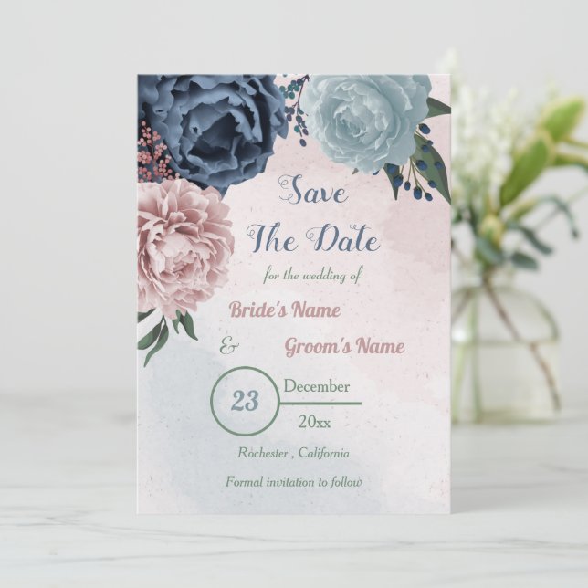 beautiful pink blue floral greenery save the date (Standing Front)