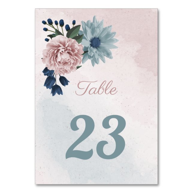 beautiful pink blue floral greenery table number (Front)