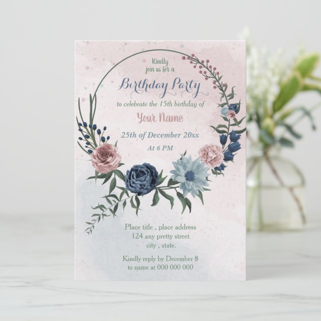 beautiful pink blue floral wreath birthday party invitation (Standing Front)