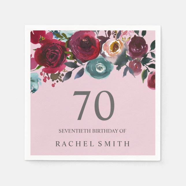 Beautiful Pink Burgundy Floral 70th birthday Party Napkin (Front)