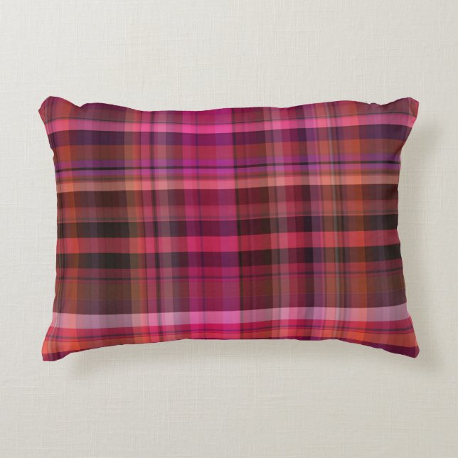 Beautiful pink burgundy red purple tartan plaid decorative cushion (Front)