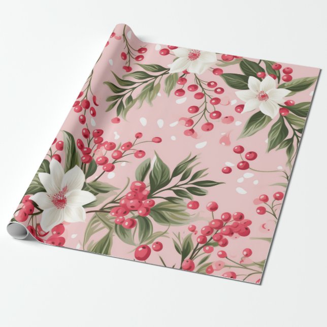 Beautiful Pink Christmas Floral Paper (Unrolled)