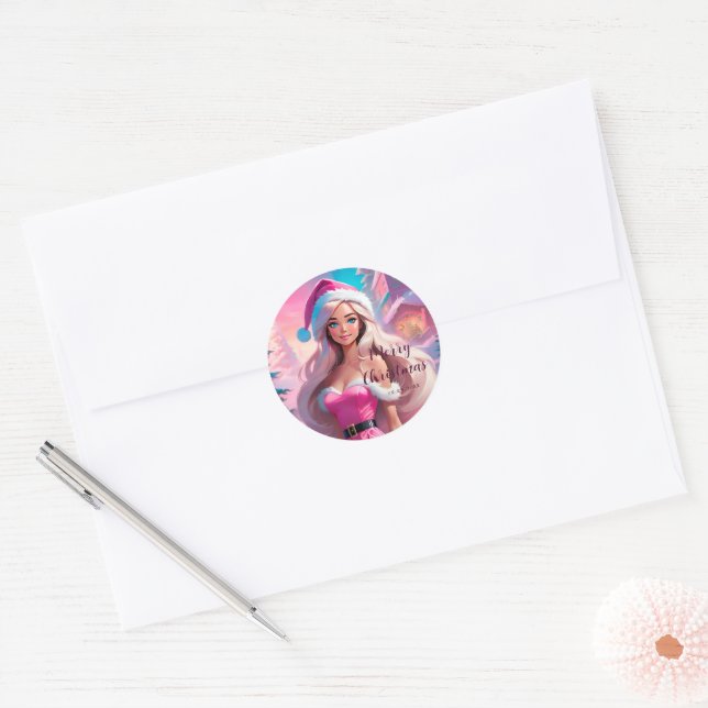 Beautiful Pink Christmas Girl 01 Classic Round Sticker (Envelope)
