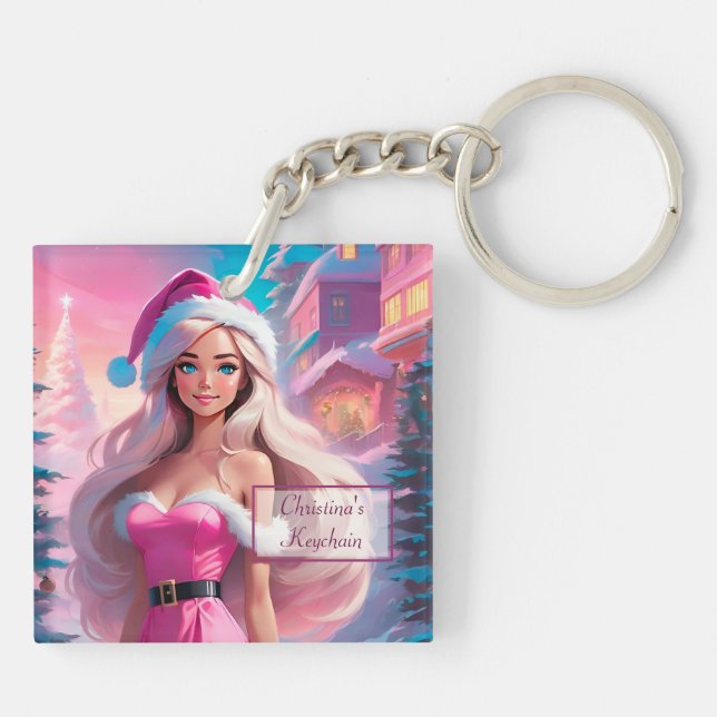 Beautiful Pink Christmas Girl 01 Key Ring (Back)