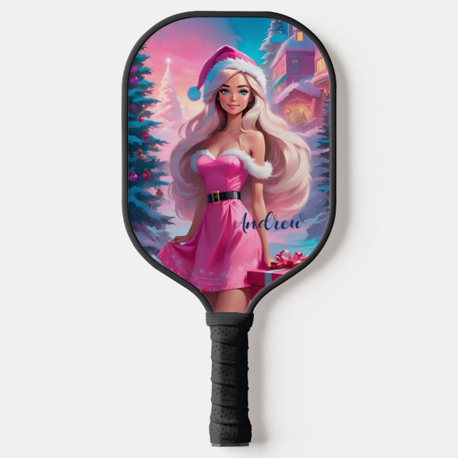 Beautiful Pink Christmas Girl 01 Pickleball Paddle (Front)