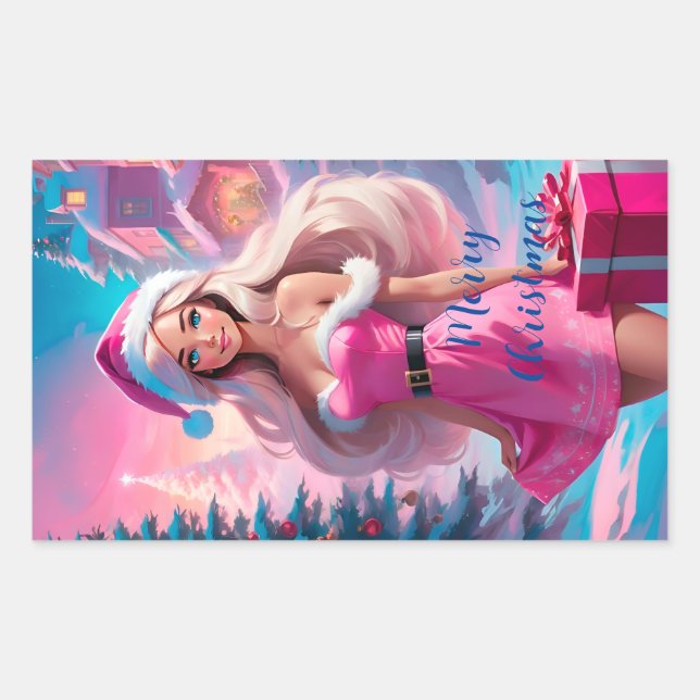 Beautiful Pink Christmas Girl 01 Rectangular Sticker (Front)