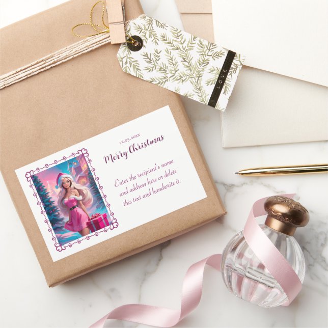 Beautiful Pink Christmas Girl 01 Rectangular Sticker (Gifting)