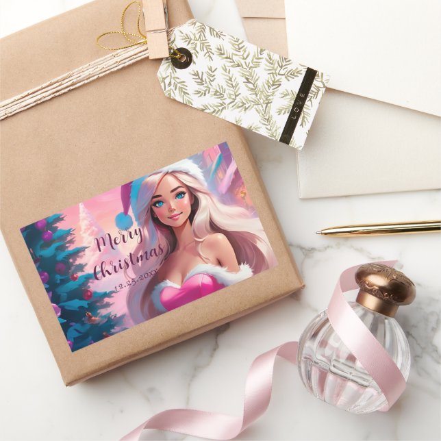 Beautiful Pink Christmas Girl 01 Rectangular Sticker (Gifting)